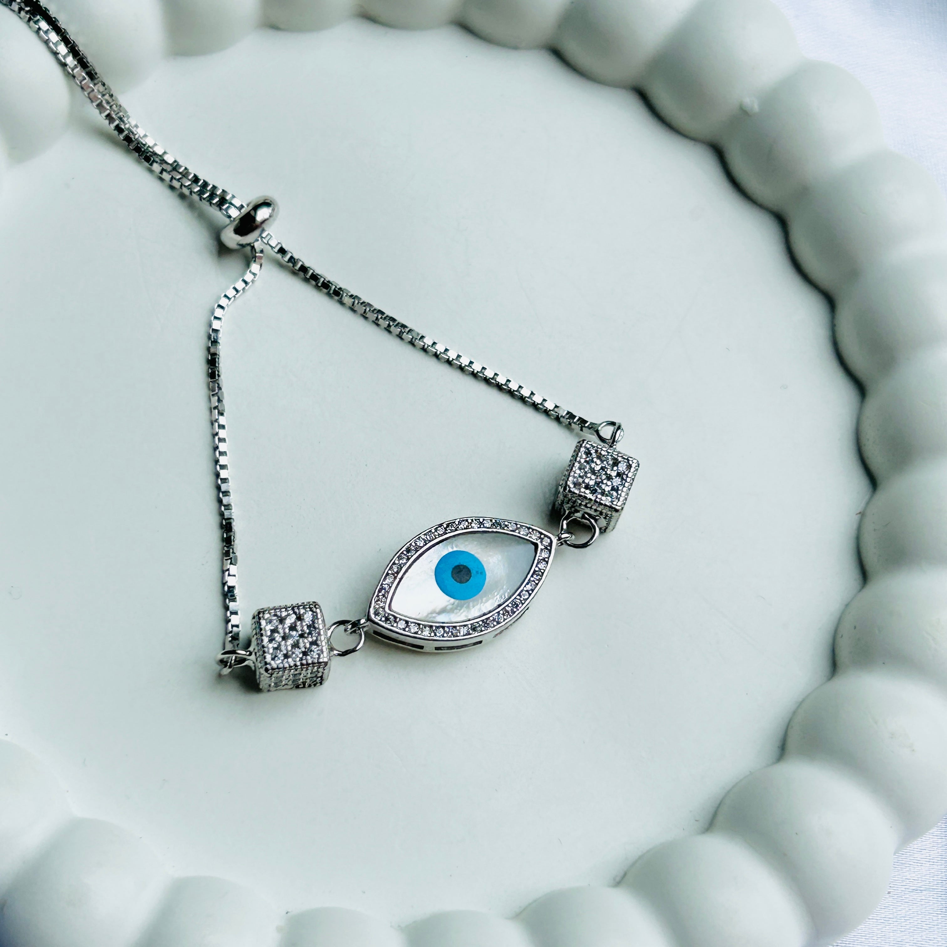 Silver Evil Eye Mother of pearl Adjustable Bracelet - Variant 2